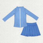 GLD1383 Solid Color Blue Coat Yoga Girls Pleated Skorts Set