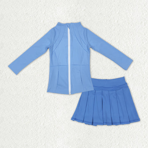 GLD1383 Solid Color Blue Coat Yoga Girls Pleated Skorts Set