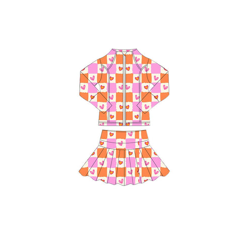 Preorder 11.17 MOQ 5 pcs GLD1388 Love Plaid Yoga Coat Girls Skorts Set