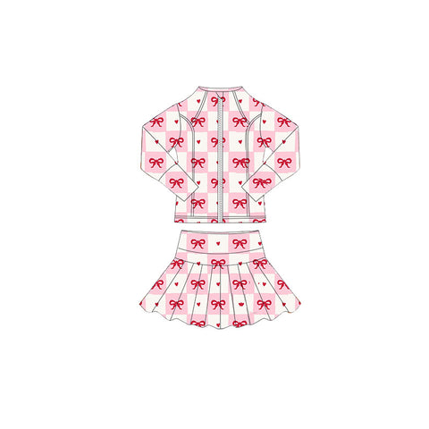 Preorder 11.17 MOQ 5 pcs GLD1389 Bows Love Plaid Pink Yoga Coat Girls Skorts Set