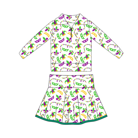 Preorder 11.17 MOQ 5 pcs GLD1396 Mardi Gras Mask Yoga Pullover Girls Skorts Set
