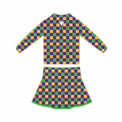 Preorder 11.17 MOQ 5 pcs GLD1397 Mardi Gras Plaid Yoga Pullover Girls Skorts Set