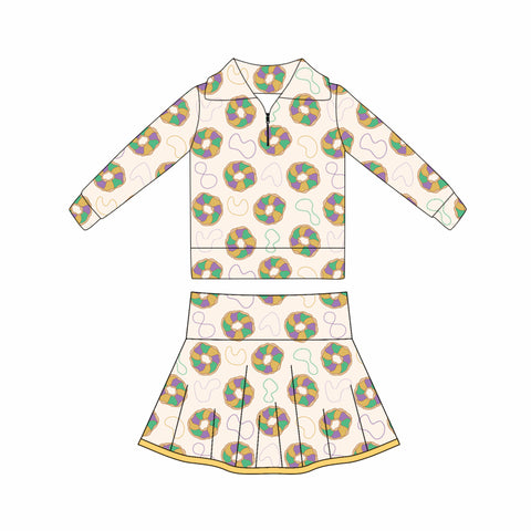 Preorder 11.17 MOQ 5 pcs GLD1398 Mardi Gras Dounts Yoga Pullover Girls Skorts Set