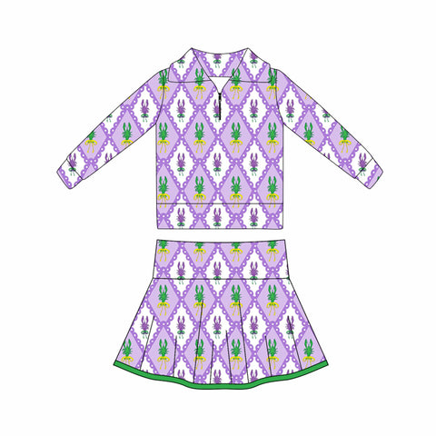 Preorder 11.17 MOQ 5 pcs GLD1399 Mardi Gras Crawfish Yoga Pullover Girls Skorts Set