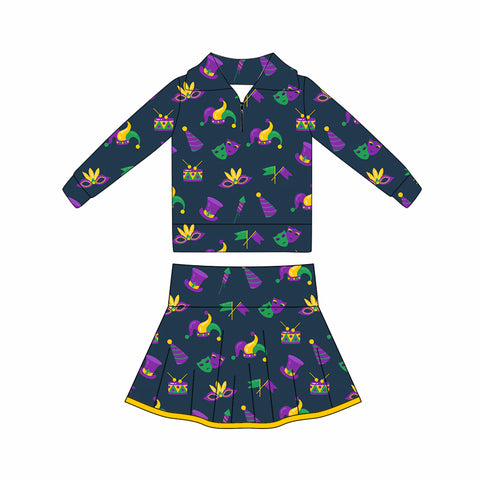 Preorder 11.17 MOQ 5 pcs GLD1402 Mardi Gras Mask Yoga Pullover Girls Skorts Set