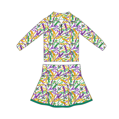 Preorder 11.17 MOQ 5 pcs GLD1404 Mardi Gras Mask Yoga Pullover Girls Skorts Set