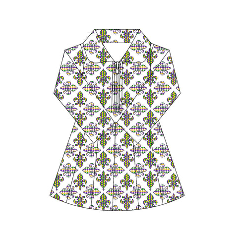 Preorder 11.17 MOQ 5 pcs GLD1405 Mardi Gras Yoga Girl's Pleated Dress Onesie