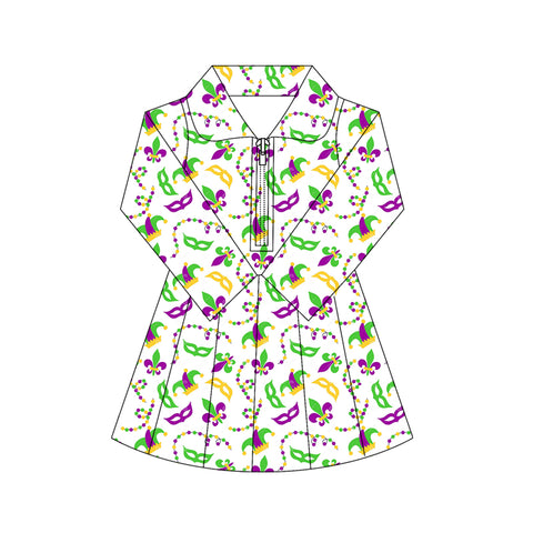 Preorder 11.17 MOQ 5 pcs GLD1406 Mardi Gras Mask Yoga Girl's Pleated Dress Onesie