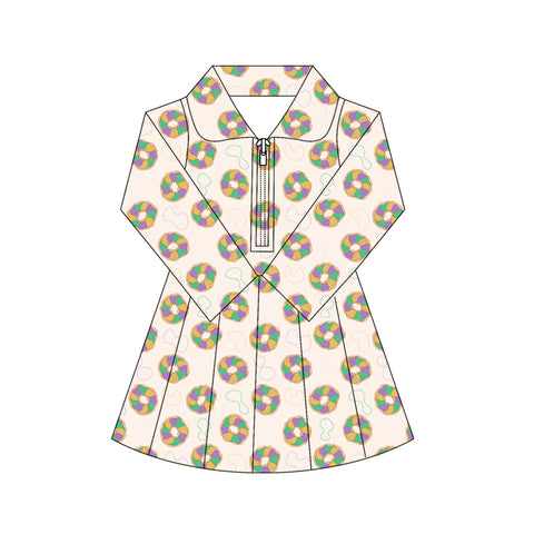 Preorder 11.17 MOQ 5 pcs GLD1408 Mardi Gras Dounts Yoga Girl's Pleated Dress Onesie