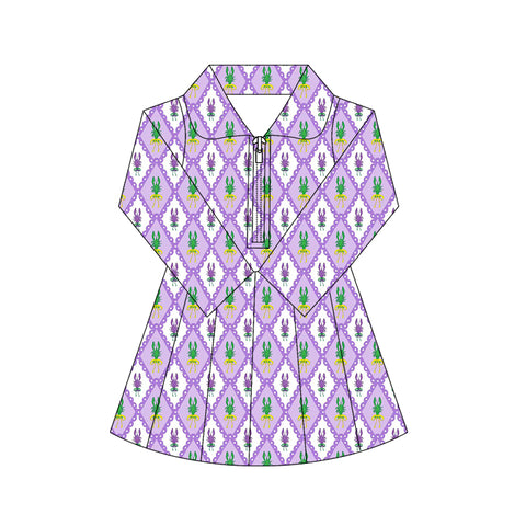 Preorder 11.17 MOQ 5 pcs GLD1409 Mardi Gras Crawfish Yoga Girl's Pleated Dress Onesie