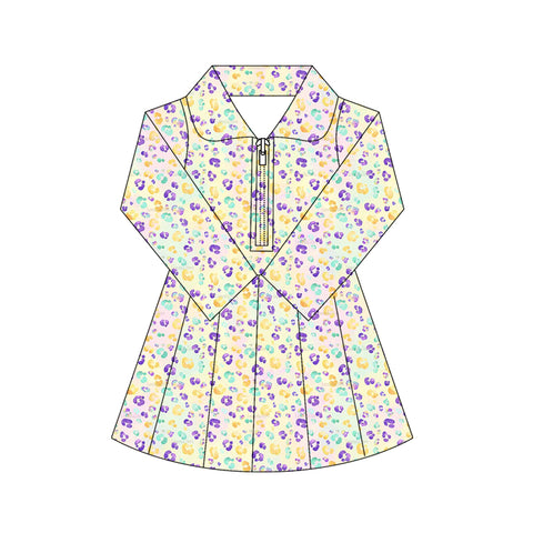 Preorder 11.17 MOQ 5 pcs GLD1410 Mardi Gras Leopard Yoga Girl's Pleated Dress Onesie