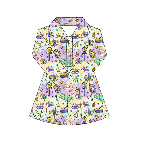 Preorder 11.17 MOQ 5 pcs GLD1411 Mardi Gras Animals Yoga Girl's Pleated Dress Onesie