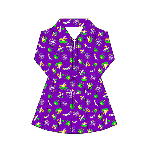 Preorder 11.17 MOQ 5 pcs GLD1413 Mardi Gras Mask Yoga Girl's Pleated Dress Onesie