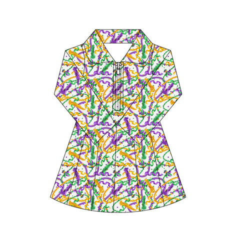 Preorder 11.17 MOQ 5 pcs GLD1414 Mardi Gras Yoga Girl's Pleated Dress Onesie