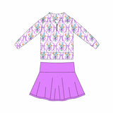 Preorder 11.17 MOQ 5 pcs GLD1416 Flower Bows Purple Yoga Pullover Girls Skorts Set
