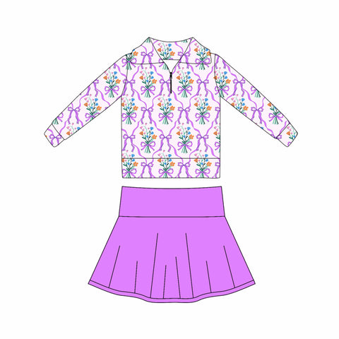 Preorder 11.17 MOQ 5 pcs GLD1416 Flower Bows Purple Yoga Pullover Girls Skorts Set