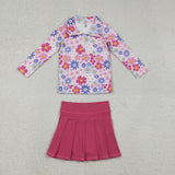 GLD1418 Flower Floral Pink Yoga Pullover Girls Skorts Set