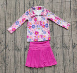 Preorder Samples GLD1418 Flower Pink Yoga Pullover Girls Skorts Set