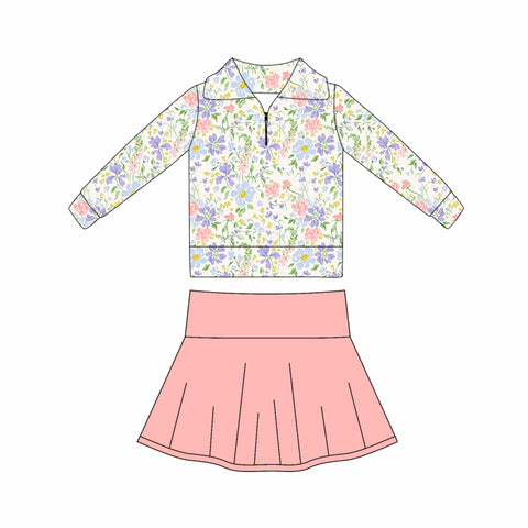 Preorder 11.17 MOQ 5 pcs GLD1420 Flower Orange Yoga Pullover Girls Skorts Set