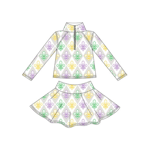 Preorder 12.03 MOQ 5 pcs GLD1436 Mardi Gras Yoga Girls Skorts Set