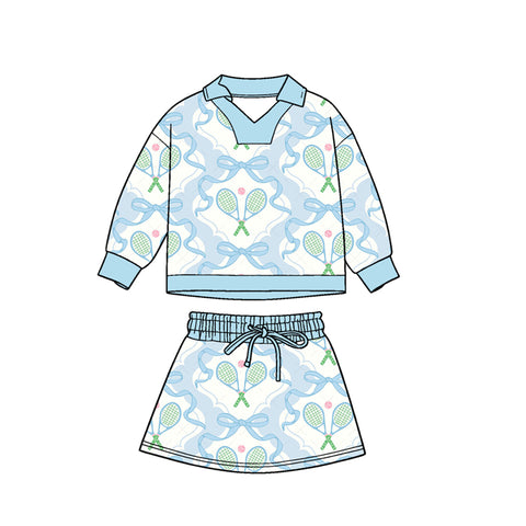 Preorder 12.05 MOQ 5 pcs GLD1474 Tennis Bows Blue Girls Skorts Set