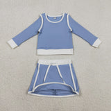GLD1483 Solid Color Blue Yoga Girls Skorts Set