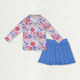 GLD1564 Flower Floral Blue Yoga Pullover Girls Skorts Set