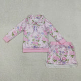 GLD1572 Flower Floral Pink Pullover Girls Skirt Shorts Set