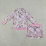 GLD1572 Flower Floral Pink Pullover Girls Skirt Shorts Set