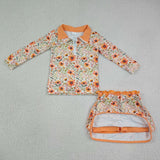GLD1606  Fall Flower Orange Girls Skorts Set