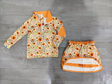 Preorder Samples GLD1606  Fall Flower Orange Girls Skorts Set