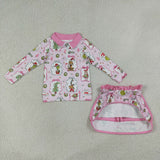 GLD1609 Christmas Green Animals Pink Girls Skorts Set