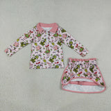 GLD1610 Merry Christmas Green Animals Pink Girls Skorts Set