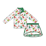 Preorder MOQ 5 pcs Each Style Christmas Green Animals Pullover Girls Skorts Set
