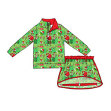 Preorder MOQ 5 pcs Each Style Christmas Green Animals Pullover Girls Skorts Set