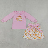 GLD1641 Embroidery Fall Pumpkin Pink Girls Skirt Set