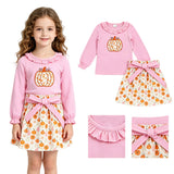 GLD1641 Embroidery Fall Pumpkin Pink Girls Skirt Set