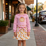 GLD1641 Embroidery Fall Pumpkin Pink Girls Skirt Set