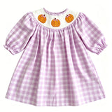 Preorder Samples GLD1649 Smocked Fall Pumpkin Bows Plaid Purple Girl's Dress
