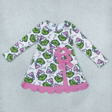 GLD1651 Christmas Green Animals Yoga Scallop Edge Girl's Dress