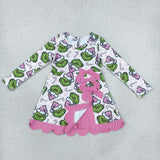 GLD1651 Christmas Green Animals Yoga Scallop Edge Girl's Dress