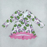 GLD1651 Christmas Green Animals Yoga Scallop Edge Girl's Dress