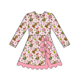 Preorder Samples GLD1656 Christmas Green Animals Gift Bows Yoga Scallop Edge Girl's Dress