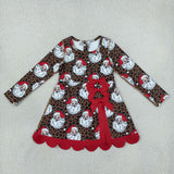 GLD1679 Christmas Santa Leopard Bows Yoga Scallop Edge Girl's Dress