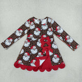 GLD1679 Christmas Santa Leopard Bows Yoga Scallop Edge Girl's Dress