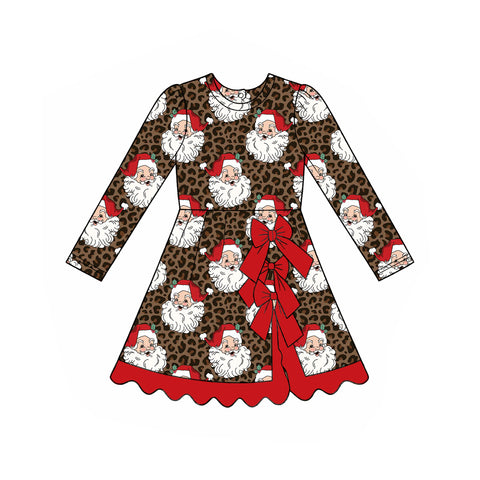 Preorder MOQ 5 pcs GLD1679 Christmas Santa Leopard Bows Yoga Scallop Edge Girl's Dress 4T
