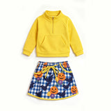Preorder MOQ 5 pcs Each Style Halloween Pumpkin Pullover Yoga Girls Skorts Set