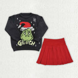 GLD1720 Christmas Green Animals Winter Knit Sweater Pleated Skirt Girls Set