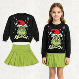 GLD1721 Christmas Green Animals Winter Knit Sweater Pleated Skirt Girls Set