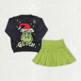 GLD1721 Christmas Green Animals Winter Knit Sweater Pleated Skirt Girls Set